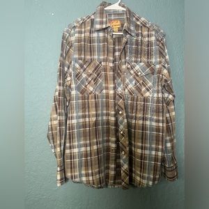 R-Vintage Men Shirt Medium Brown Plaid Western Pearl Snap Long Sleeve Button-Up